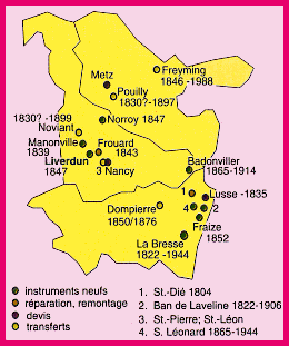 Carte de localisation des orgues Callinet en Lorraine